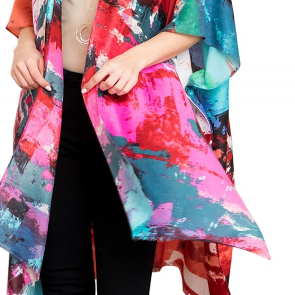 MULTI DISTRESSED PAINT STYLE WIDE SLEEVE KIMONO - Picture 3 of 8